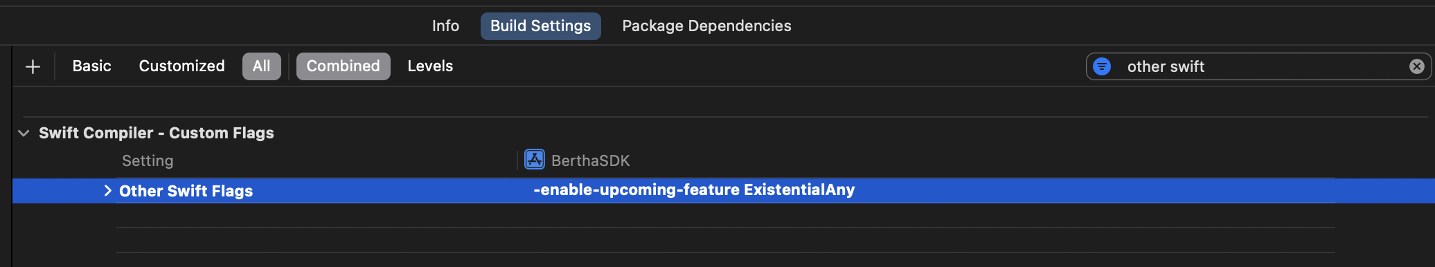 A screenshot showing the “Build Settings” tab in Xcode with the ‘-enable-upcoming-feature ExistentialAny’ added to the “Swift Compiler - Custom Flags” section.